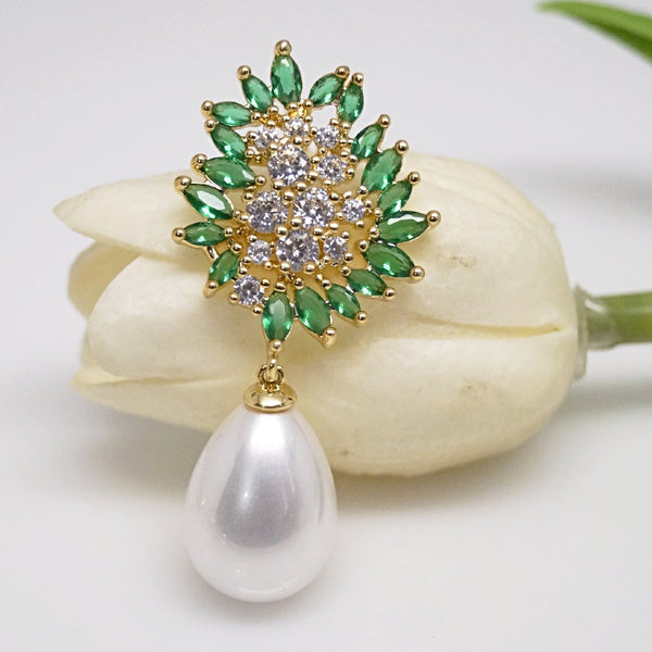 Emerald And CZ Pearl Dangle Earrings - Enumu