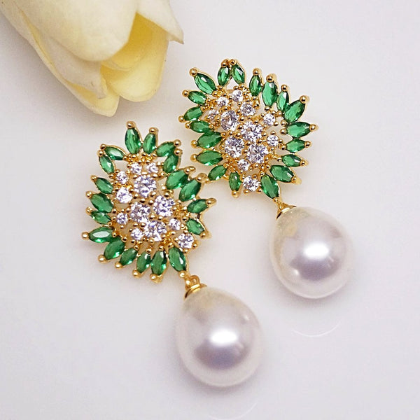 Emerald And CZ Pearl Dangle Earrings - Enumu